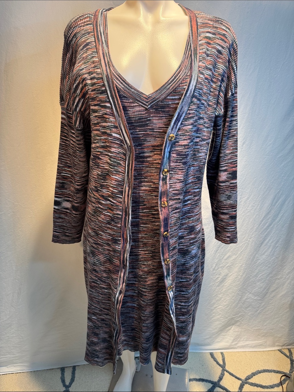Terra & Sky Multi-Color Knit V-Neck Button Cardigan Dress